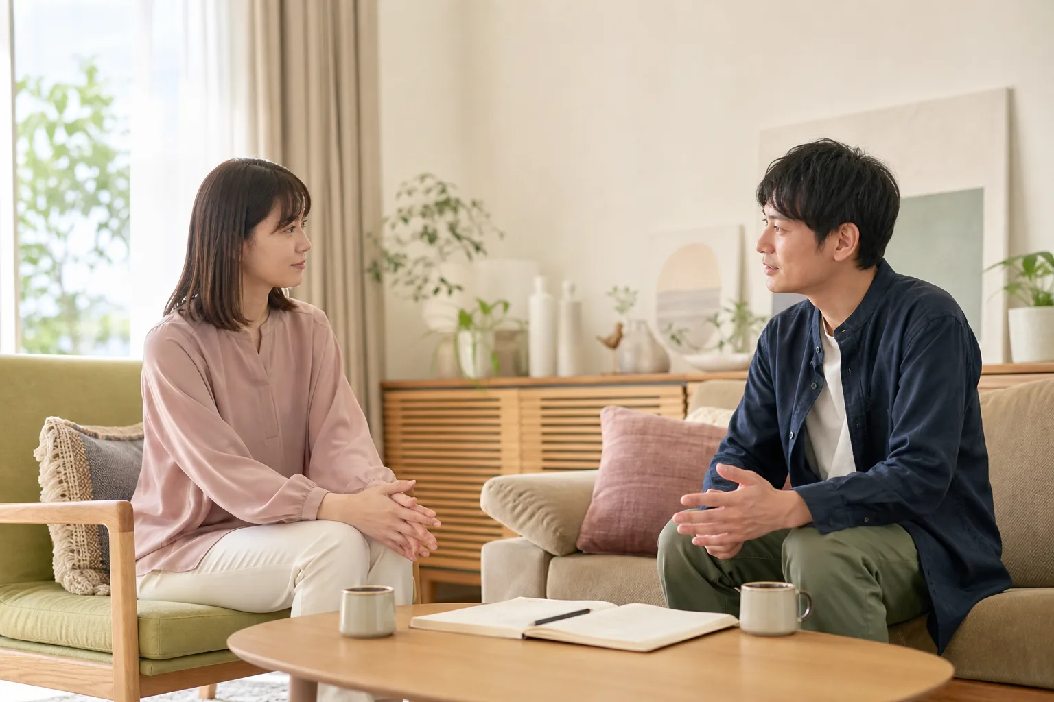 セックスレスについて落ち着いて話す成人の夫婦